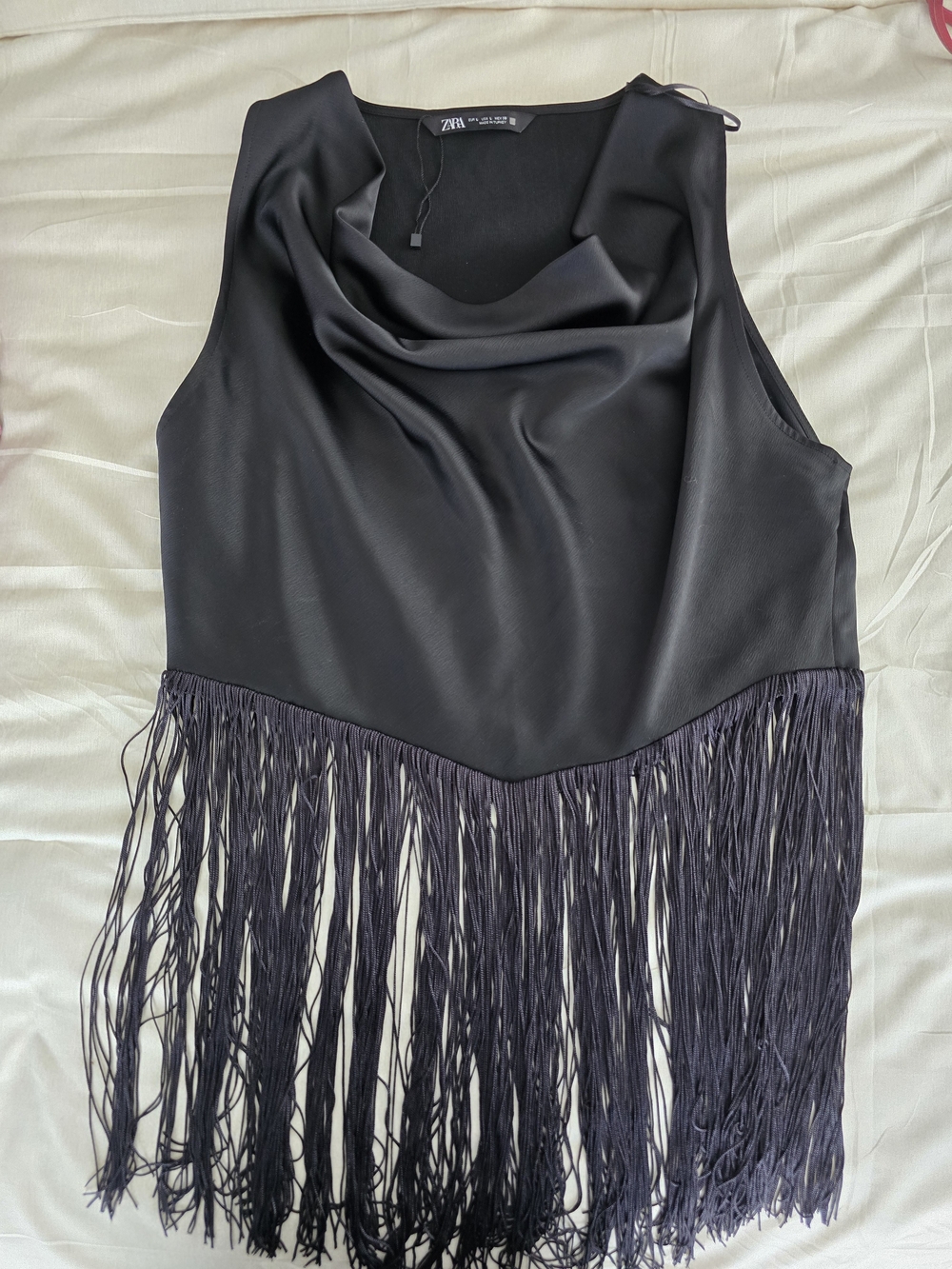 Zara Sleeveless Draped Cowl Neck Fringe - Sexy Festival Club - Black US L - NWOT
